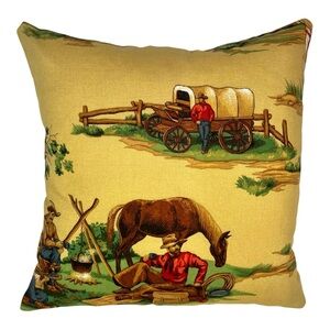 Western Cowboy Horse Stagecoach Pillow Cover 14x14 Faux Leather Back